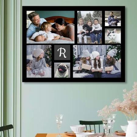 Modern Black Monogrammed 7 Pictures Collage Design Customized Photo Printed Horizontal Landscape Poster