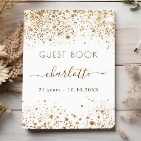 Guest Book Birthday White Gold Glitter Customized Photo Printed Notebook
