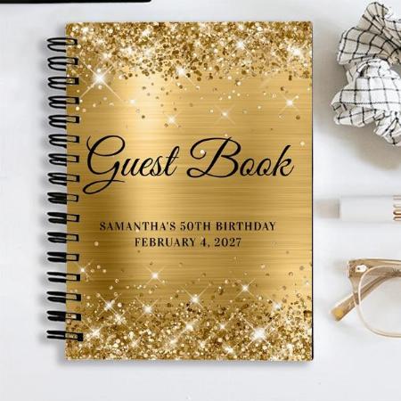 Glittery Gold Foil 50th Birthday Guestbook Customized Photo Printed Notebook