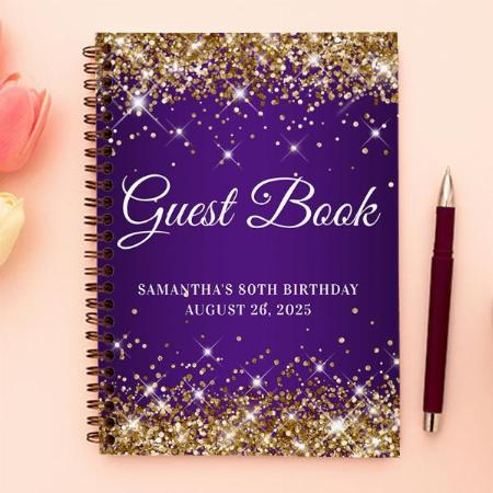 Gold Glitter Royal Purple 80th Birthday Guestbook Customized Photo Printed Notebook