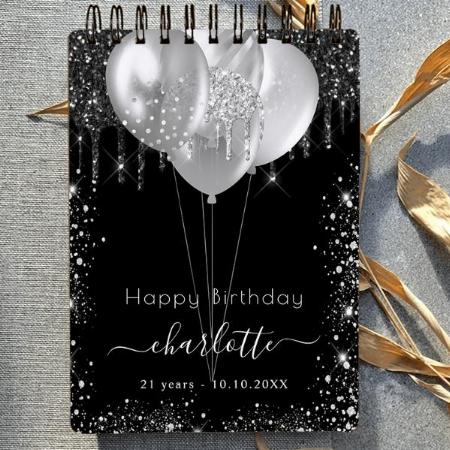 Birthday Black Silver Glitter Design Customized Photo Printed Notebook
