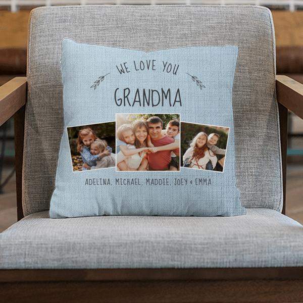 Custom Grandma Photo Collage Rustic Modern Blue Customized Photo Printed Cushion