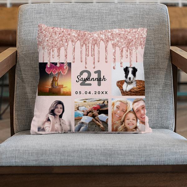 21st Birthday Photo Rose Gold Glitter Blush Pink Customized Photo Printed Cushion