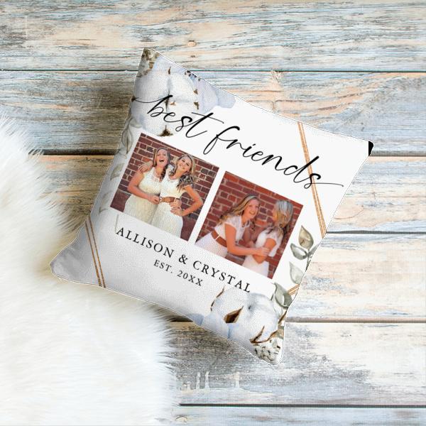 Best Friends 2 photo Collage with Floral Design Customized Photo Printed Cushion