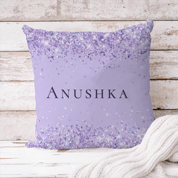 Violet Lilac Glitter Gust Name Customized Photo Printed Cushion