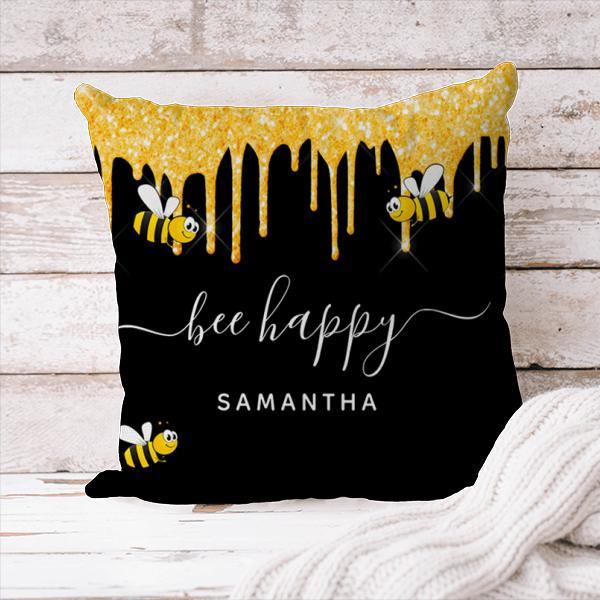 Bee Happy Bumble Bees Glitter Black Gold Monogram Customized Photo Printed Cushion