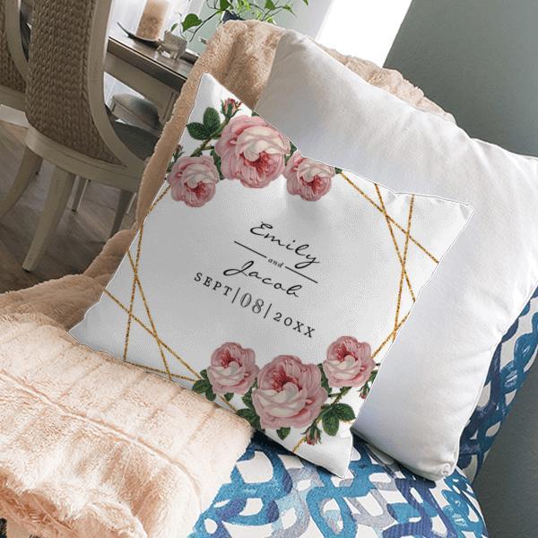 Pink Floral Wedding Elegant Gold Glitter Geometric Customized Photo Printed Cushion
