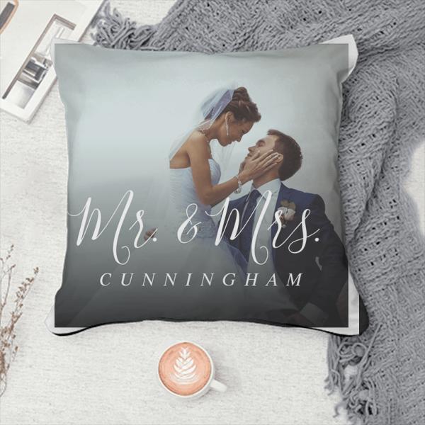 Mr. and Mrs. Script Monogram Wedding Photo Customized Photo Printed Cushion