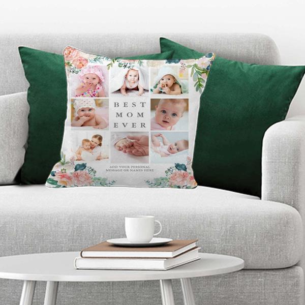 Best Mom Ever 8 Photo Collage Pink Floral Customized Photo Printed Cushion