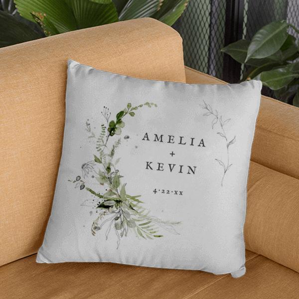 Elegant Earthy Greenery Names and Date Customized Photo Printed Cushion