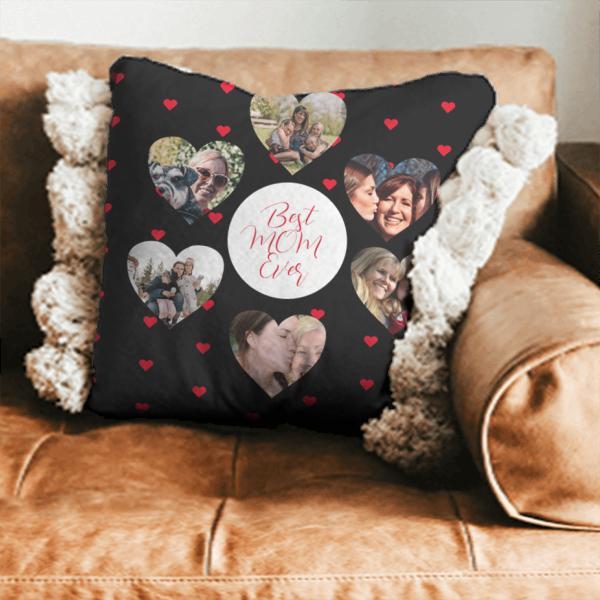 Best Mom Ever Heart Photo Collage Mother's Day Customized Photo Printed Cushion