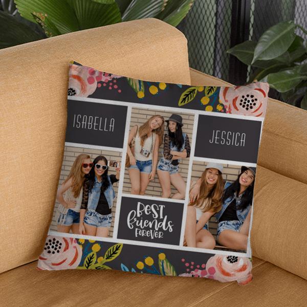 Best Friends Forever Floral Photo Collage Customized Photo Printed Cushion
