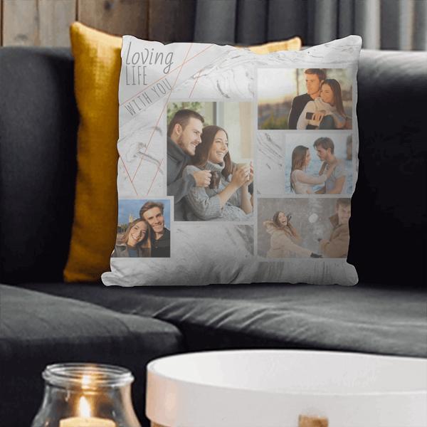 Grey Marble 5 Photo Collage - Loving Life with You Customized Photo Printed Cushion