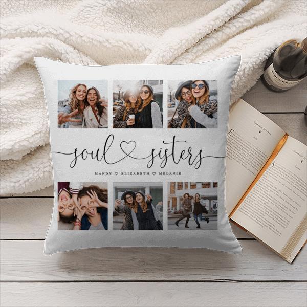 Soul Sisters Script Best Friends Photo Collage Customized Photo Printed Cushion
