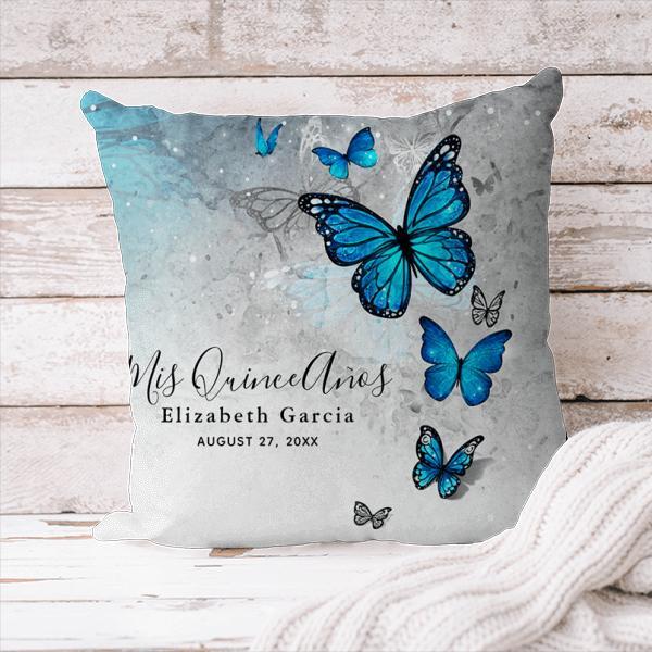 Elegant Silver and Blue Butterfly Design Customized Photo Printed Cushion