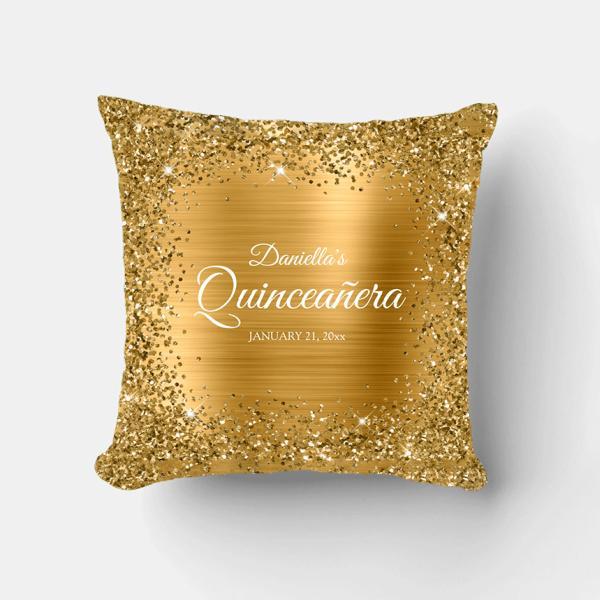 Square Gold Glitter Border and Foil Customized Photo Printed Cushion