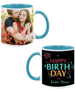 Custom Dual Tone Sky Blue Mug - Firecrackers and Birthday Design