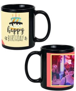 Custom Black Mug - Happy Birthday Cake Design