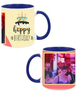 Custom Dual Tone Dark Blue Mug - Happy Birthday Cake Design