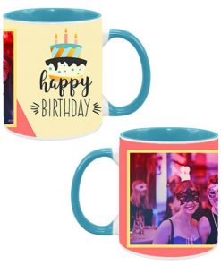 Custom Dual Tone Sky Blue Mug - Happy Birthday Cake Design