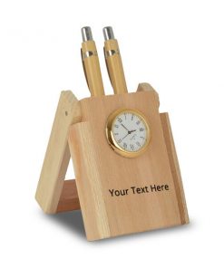 Customized Wooden Pen Stand with Analog Watch and 2 Pens