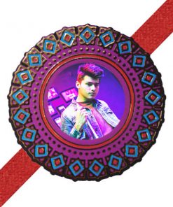 Purple Circle Customized Photo Printed Glitter Rakhi