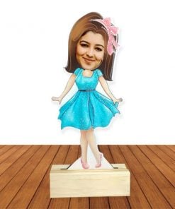 Girl in Blue Dress Customized Wooden Caricature Bobble Head